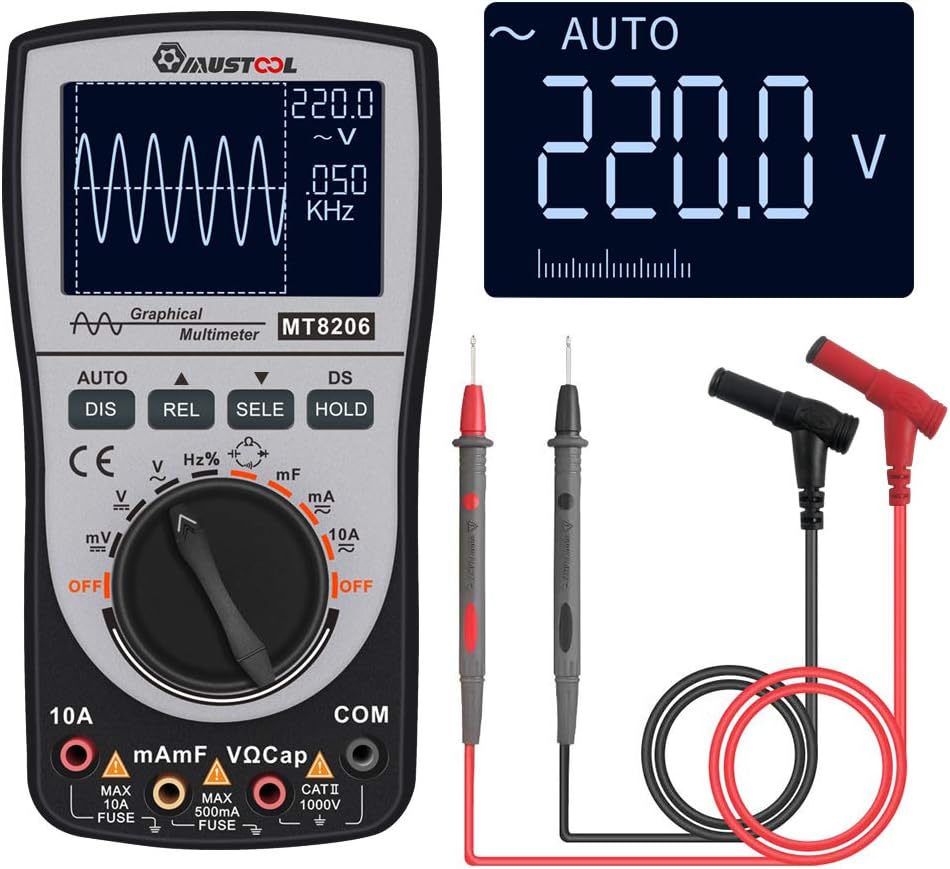 MT8206 2 in 1 Intelligent Digital Oscilloscope Multimeter AC/DC Current Voltage Resistance Frequency Diode Tester with Analog Bar Graph - Free x1 Bag, Grey