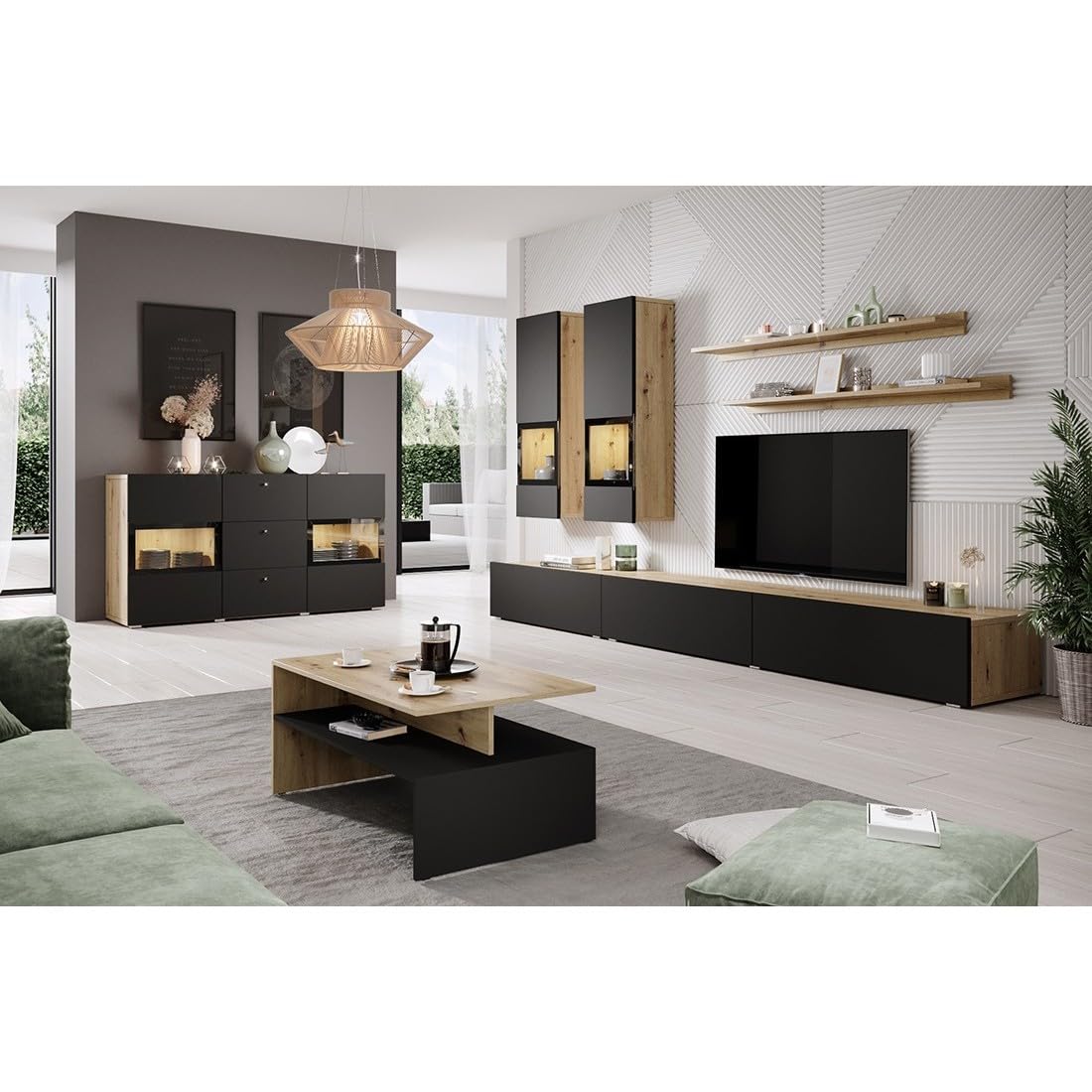 Ensemble Salon Complet Ramos – Chêne et Noir – 7 Meubles avec LED Multicolore intégrée