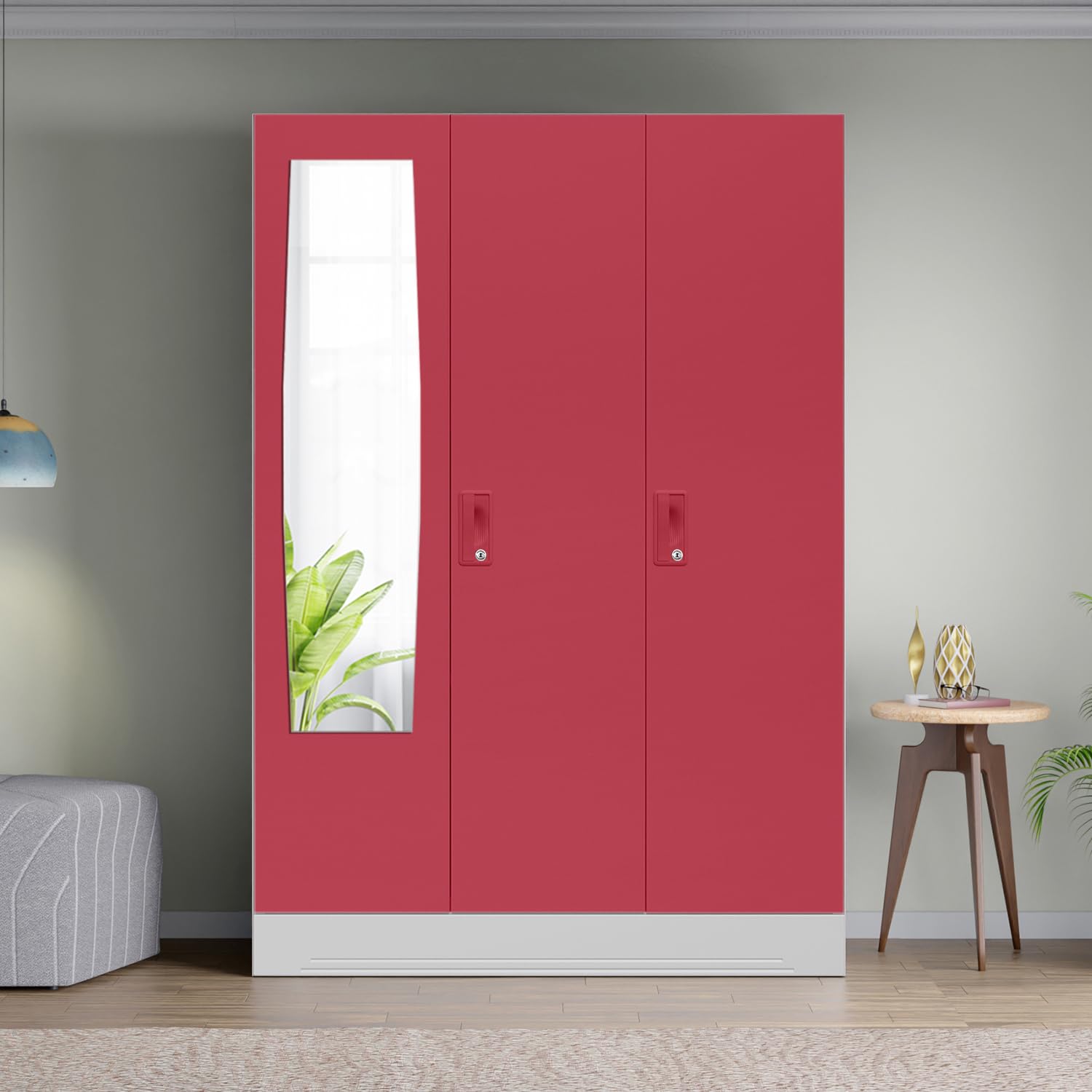 Interio by Godrej Slimline 3-Door Steel Almirah with Plain Mirror (Winter Berry), 1-Year Warranty, 1 Locker-image-20