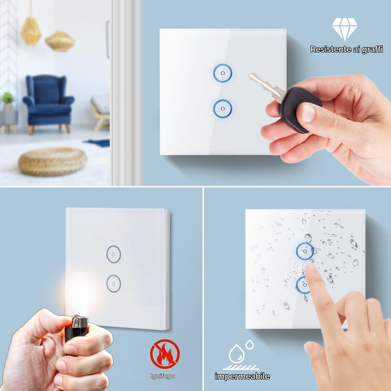 Aigostar - Interruttore a Parete WIFI con Pannello in Vetro Touch Screen a 2 Interruttore, Compatibile con ALEXA e GOOGLE HOME, controllo vocale e funzione Timer 1 Pezzi Color Bianco