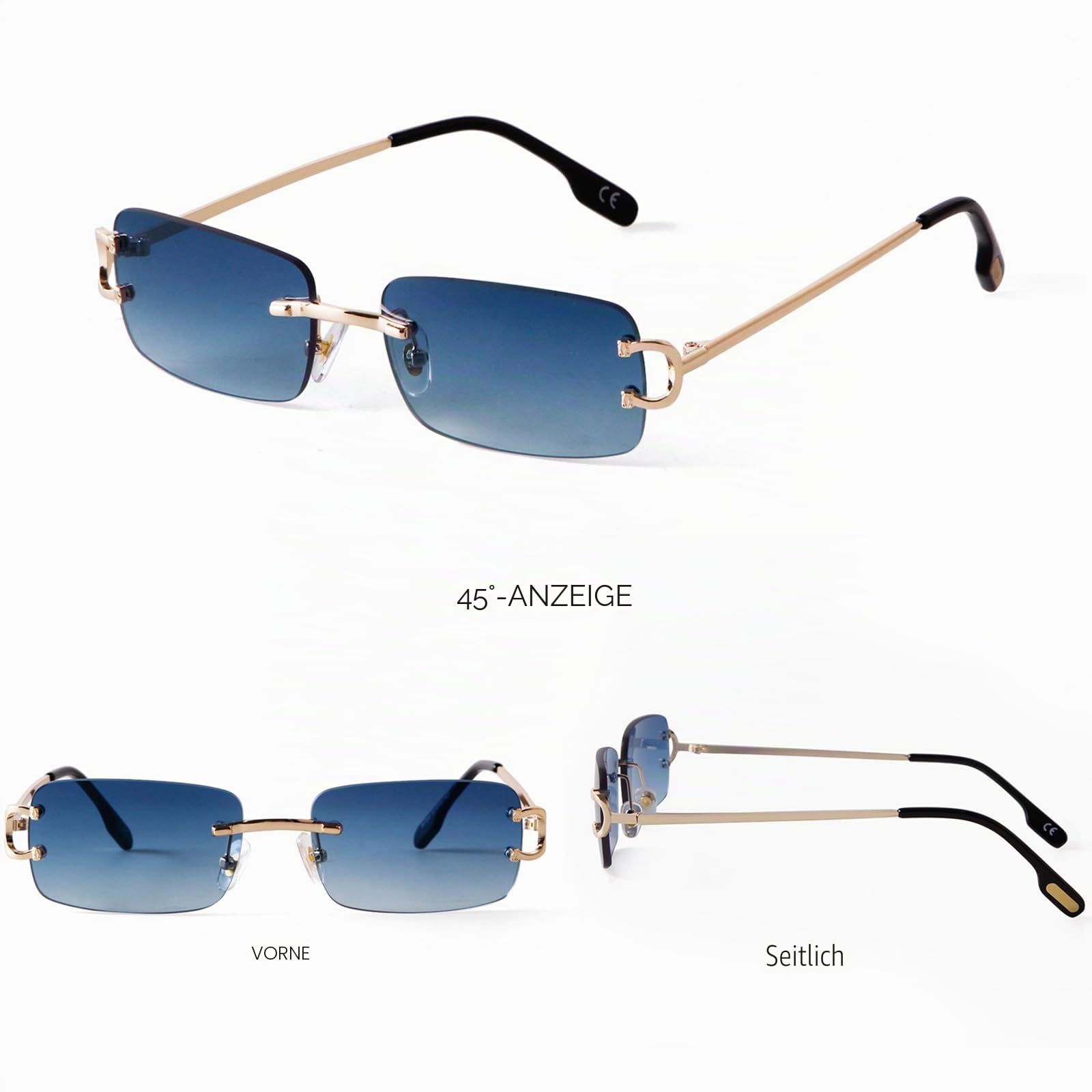 Herren Rahmenlose Sonnenbrille Rechteckig Randlos Retro Metall