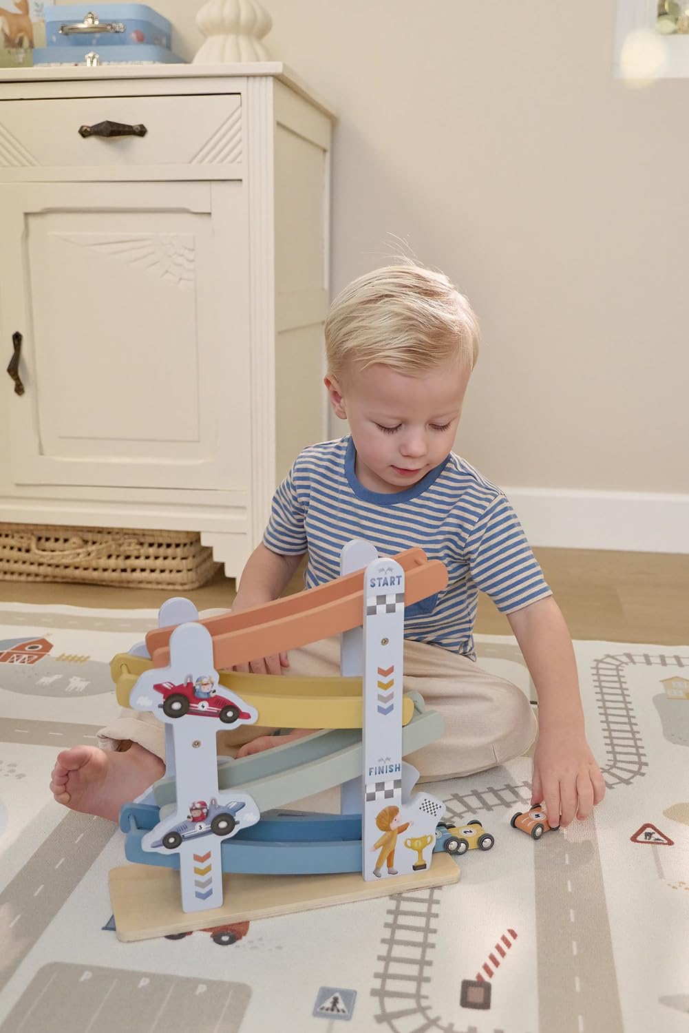 Little Dutch Pista de bolas de madera – pista de carreras de coches – incluye 4 coches – para niños y niñas a partir de 18 meses – azul