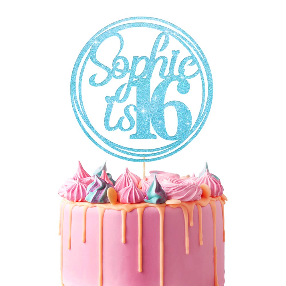 Personalised Birthday Cake Topper | Customized with Any Name Any Age 16 18 21 40 60 Party Cake Decoration | Double Sided Glitter Card | Baby Blue