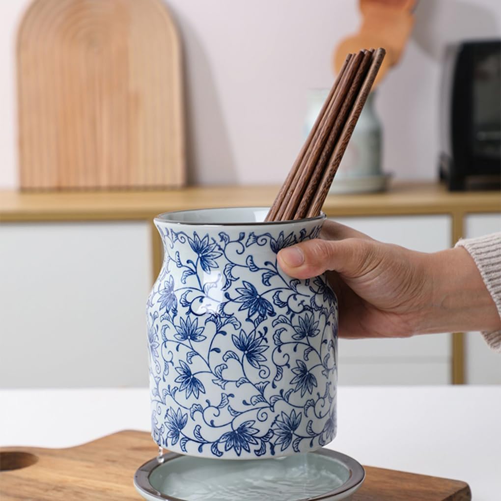 WAIT FLY 青と白の磁器製キッチン用品ホルダー 底付き 食器収納 オーガナイザー 台所用クロック用 カウンタートップ キッチン