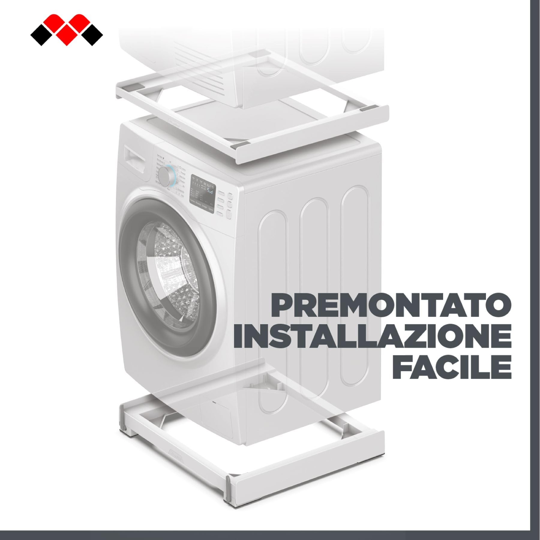 Meliconi Moving Tower | Kit 2 in 1 per realizzare colonna Lavatrice-Asciugatrice, contiene Kit di Sovrapposizione e una Base con Ruote, Premontato, 250 kg, Plastica riciclata, Made in Italy, Bianco