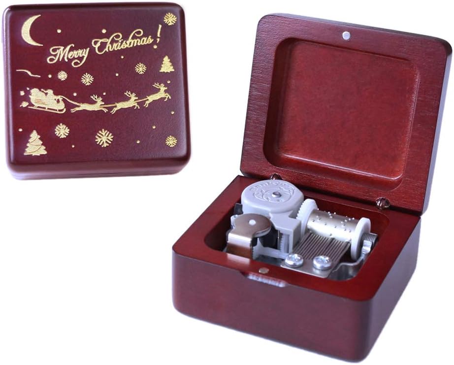 Sinzyo Merry Christmas Music Box Vintage Wood Carved Mechanism Musical Boxs Vintage Gift for Birthday Valentine's Day (Wine red Box-Christmas Moon)