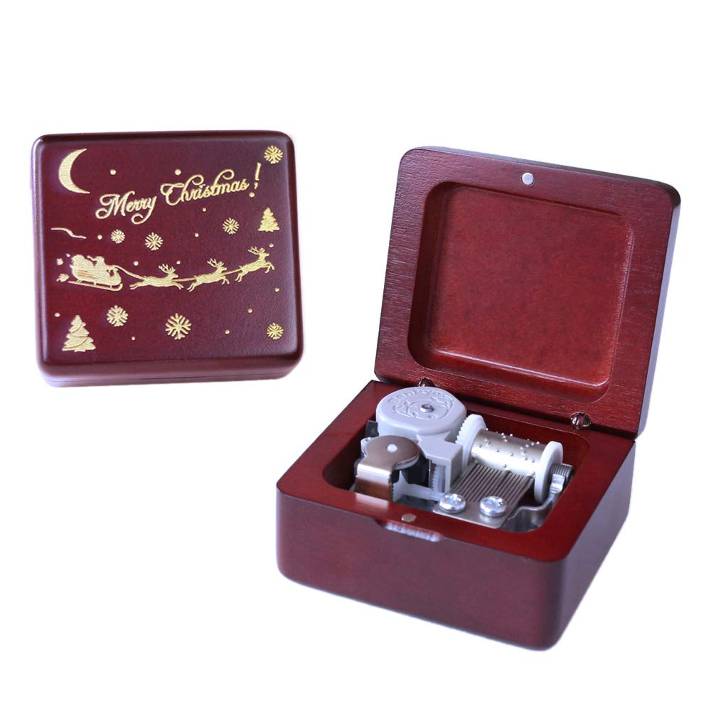 Sinzyo Merry Christmas Music Box Vintage Wood Carved Mechanism Musical Boxs Vintage Gift for Birthday Valentine's Day (Wine red Box-Christmas Moon)