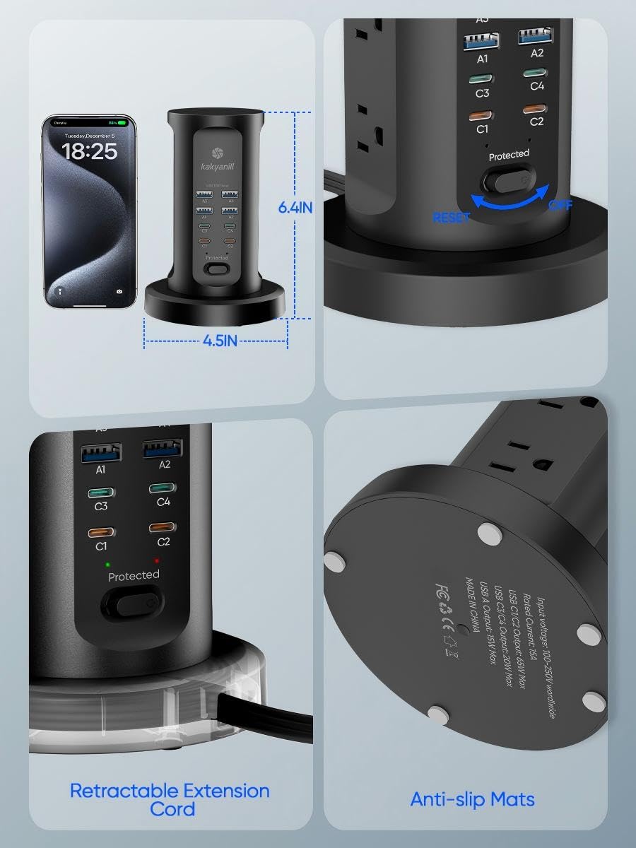 Kakyanill Stacja ładująca USB 115 W, listwa zasilająca z ochroną przeciwprzepięciową, 9 gniazd AC z 8 portami USB (4 USB-C), płaska, wysuwany przewód przedłużający