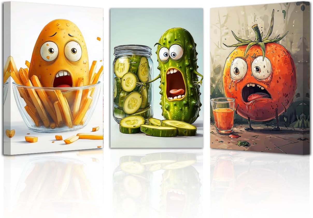 LZIMU Funny Kitchen Wall Art Picture Frame 3 Pieces Whimsical Pickle Canvas Prints Humorous Vegetable Food Paintings for Restaurant Dining Room Decor (Green, 12x16inchx3 Pieces)
