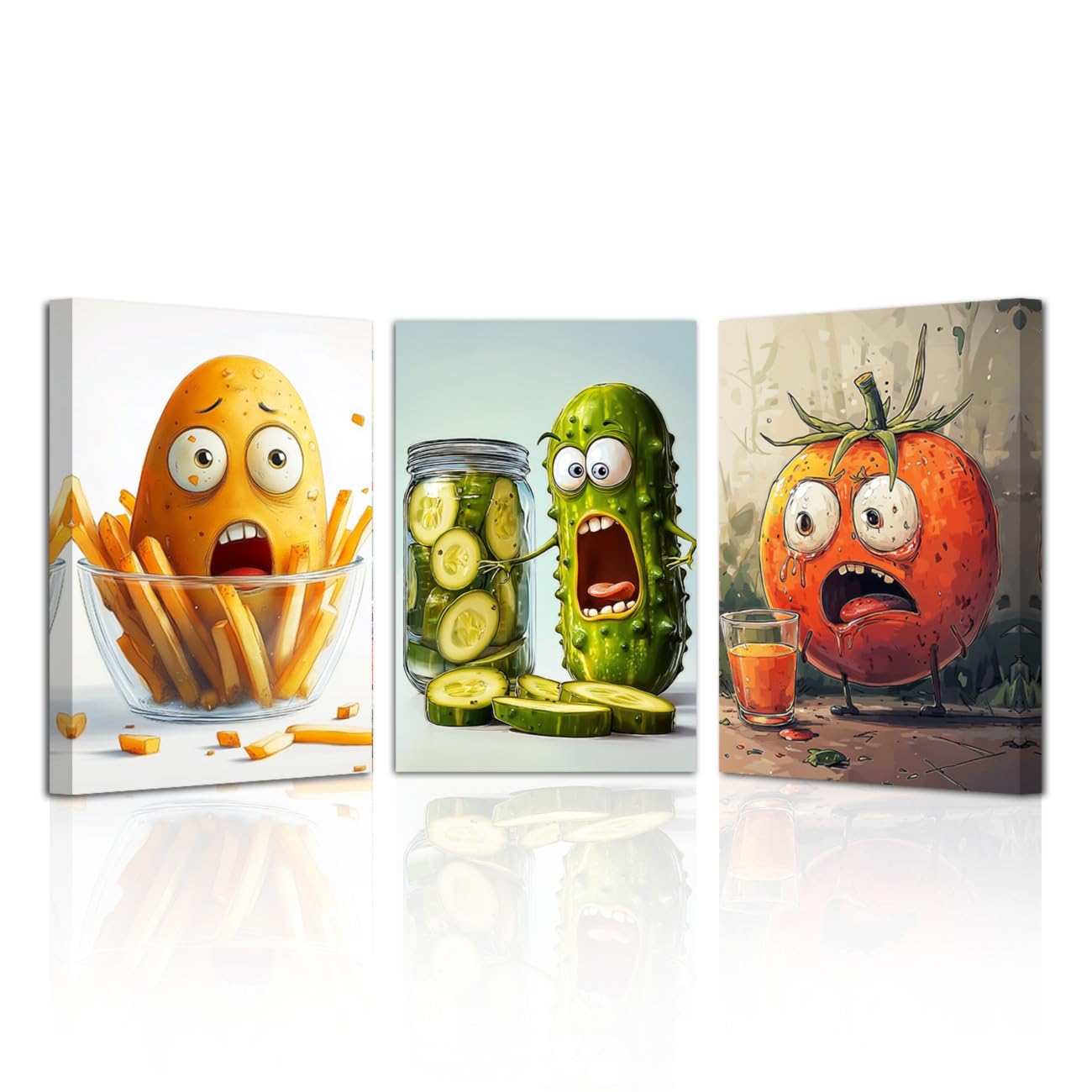 LZIMU Funny Kitchen Wall Art Picture Frame 3 Pieces Whimsical Pickle Canvas Prints Humorous Vegetable Food Paintings for Restaurant Dining Room Decor (Green, 20x28inchx3 Pieces)