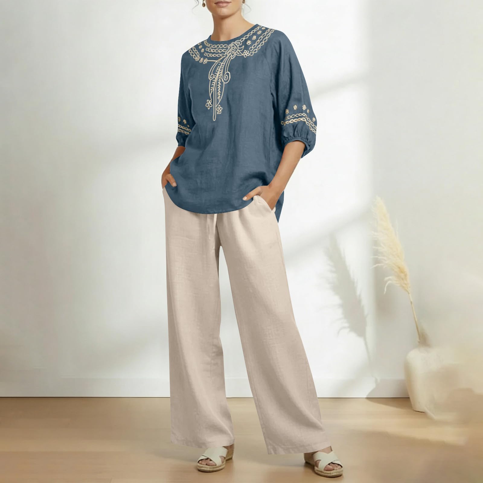 Ensemble Lin Femme 2 Pieces Chic Et Elegant Été,Ensemble Femme Pantalon Et Haut Fluide Broderie Deux Pièces Survetement Manches Courtes Bohème Outfit Set Léger Décontracté De Plage