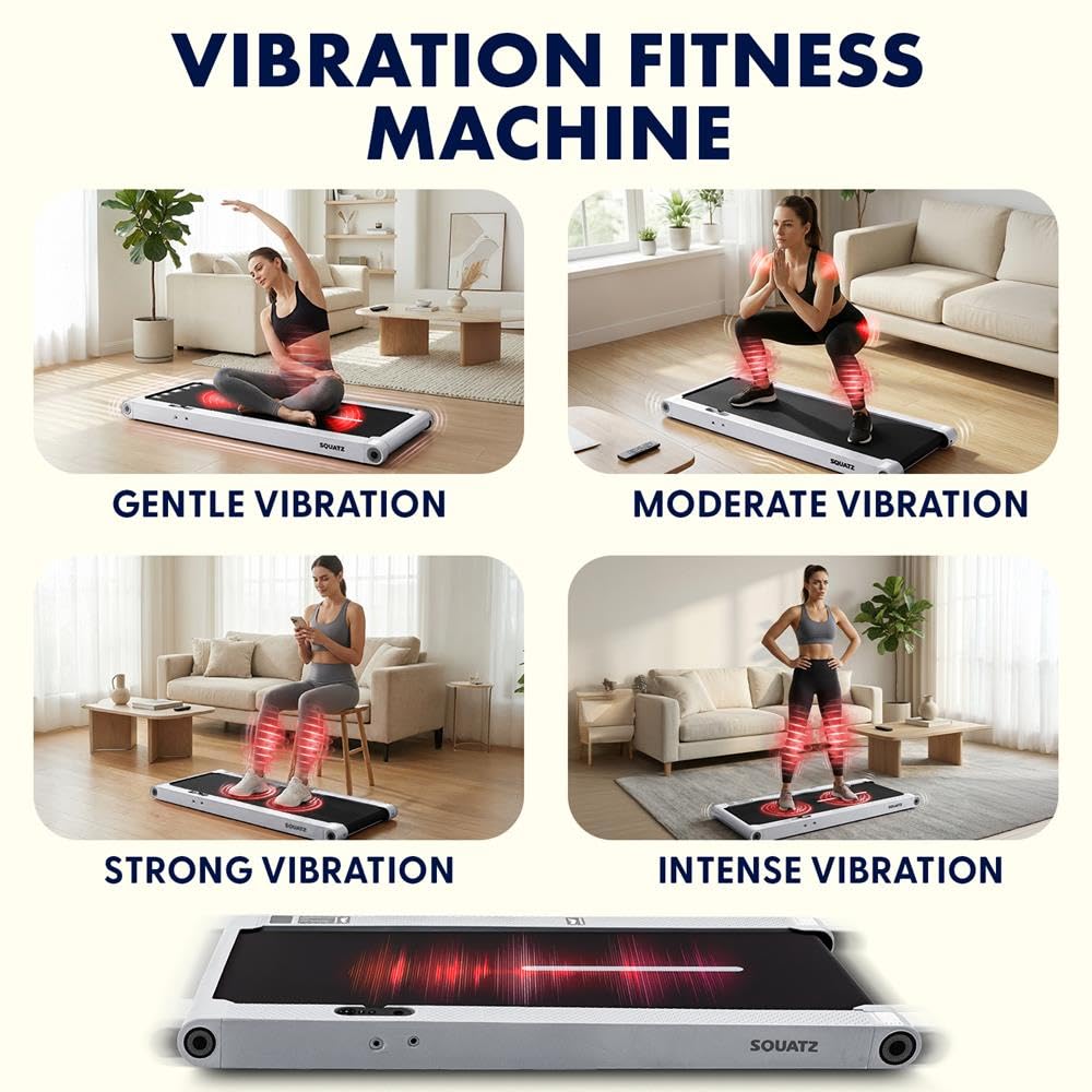 Squatz Tapis Roulant 2-in-1 con Manubrio e Pedana Vibrante, Tapis Roulant Salvaspazio, Walking Pad Display LED, Supporto Tablet, Motore Silenzioso 746 Watt, Telecomando, per Casa e Ufficio, Bianco