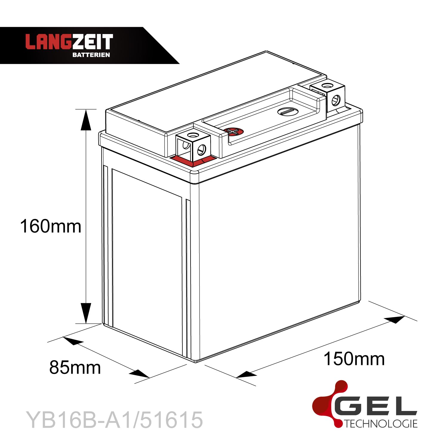 LANGZEIT YB16B-A1 GEL Motorradbatterie 12V 16Ah 230A/EN Gel Batterie 51615