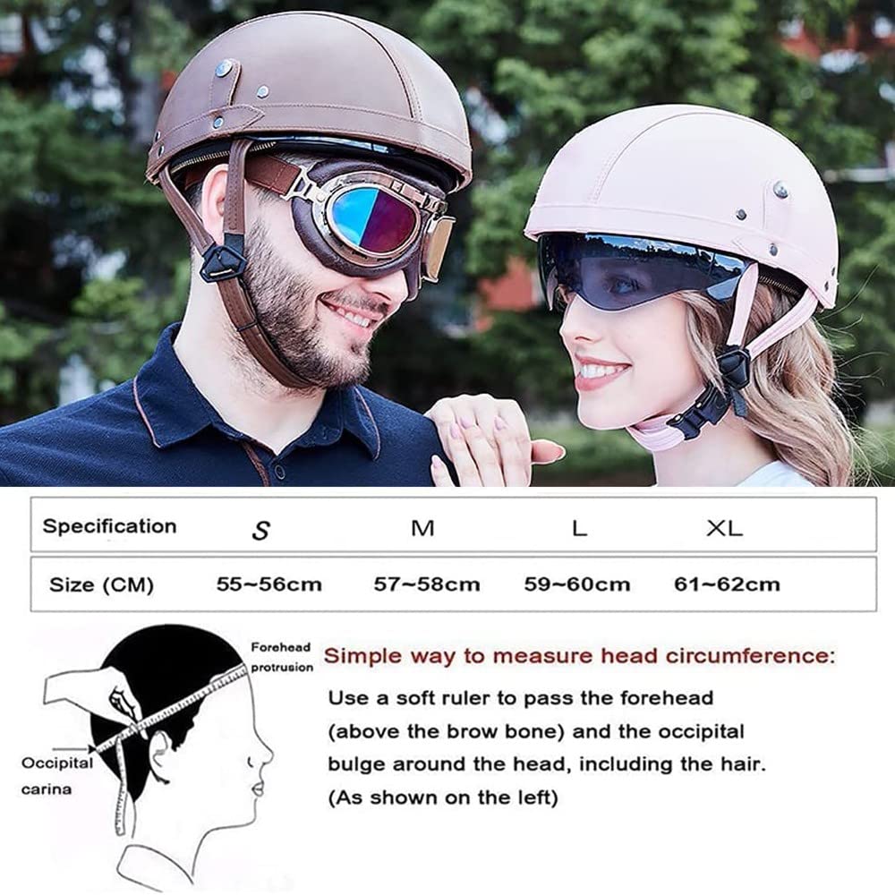Casco De Motocicleta Retro, Medio Casco,Certificación Dot/ECE, Gafas De Sol Integradas,Material ABS Y Cuero PU,Orejeras Extraíbles, Forro Transpirable,Con Gafas C,M