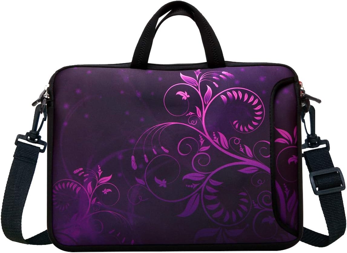 14-Inch Neoprene Laptop Shoulder Messenger Bag Case Sleeve for 13 13.3 14 14.1" Inch Notebook/Chromebook (Purple Flower)
