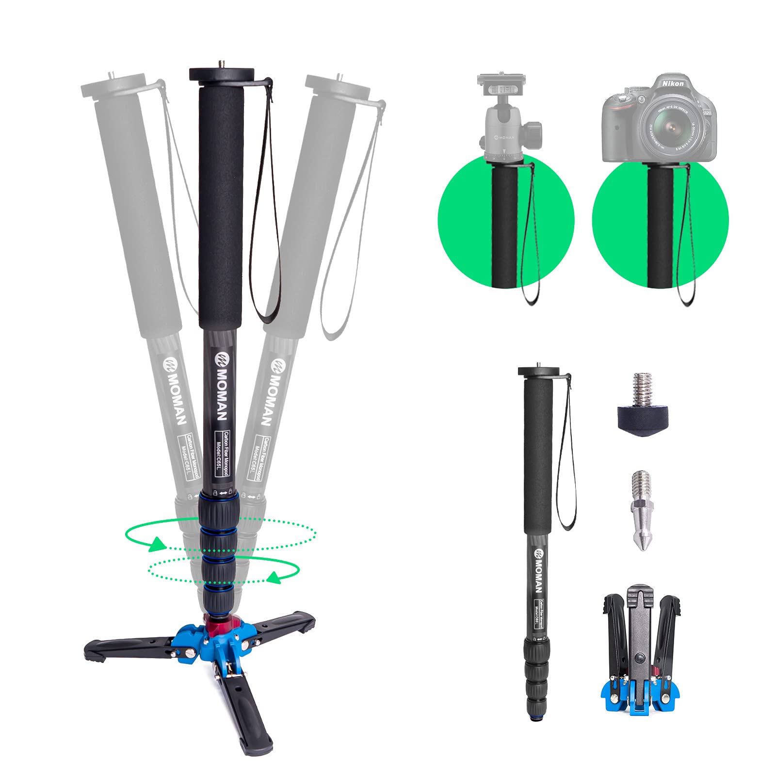 Carbon-Fiber-Monopod-with-Feet, Moman C65L Camera Tripod with Removable Base, 5-Section Leg 165cm Max. Height, 1/4” & 3/8” Screw Mount for SLR/DSLR Mirrorless DV, Portable for Travel, 5kg Max Payload