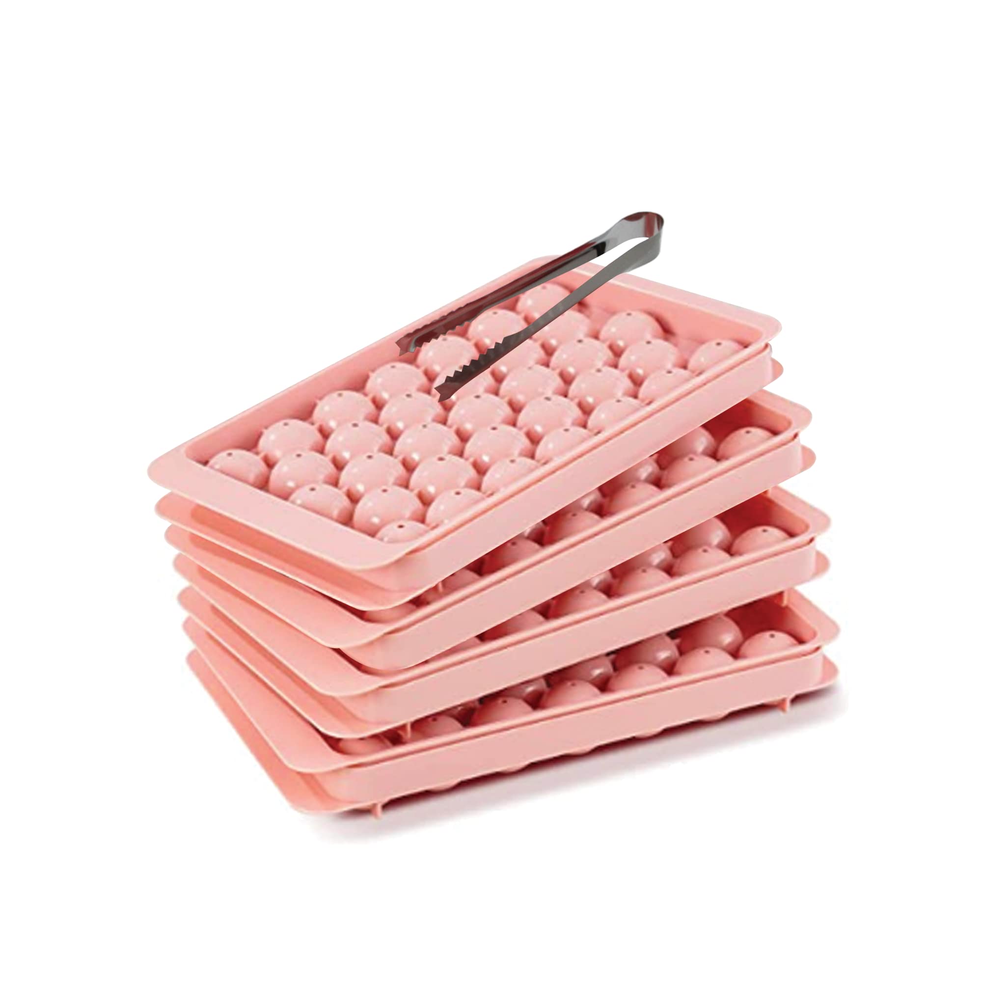 Round Ice Cube Mold Pink (Pack of 5) Pink - Ice Ball Sphere Circle Maker for Bourbon, Whiskey, Cocktails, Juices, Coffee - Easy Release & Refill - 4 Stainless Steel Tongs Included