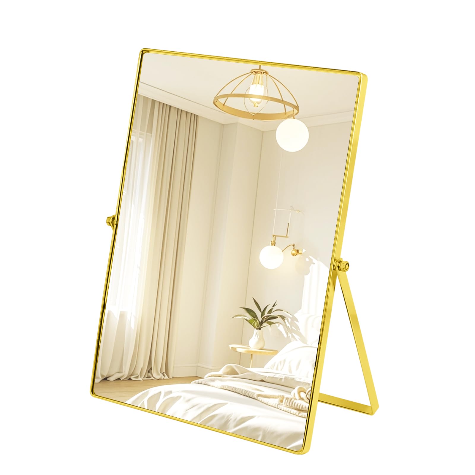 ROYUEXT Rectangle Table Top Mirror Vintage Mirror Vanity Mirrors with Adjustable Metal Frame Stand for Living Room, Bathroom, Bedroom,Office Desk,Vanity Table, Travel, Camping (Gold)