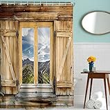 Goodbath Farmhouse Shower Curtain, Old Wooden Barn Door Window Pattern with Mountain Hill Sky Nature View, Waterproof Fabric 3D Bath Shower Curtains, 72 x 72 Inch, Old Wood