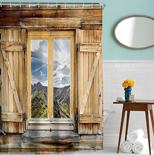 Goodbath Farmhouse Shower Curtain, Old Wooden Barn Door Window Pattern with Mountain Hill Sky Nature View, Waterproof Fabric 3D Bath Shower Curtains, 72 x 72 Inch, Old Wood