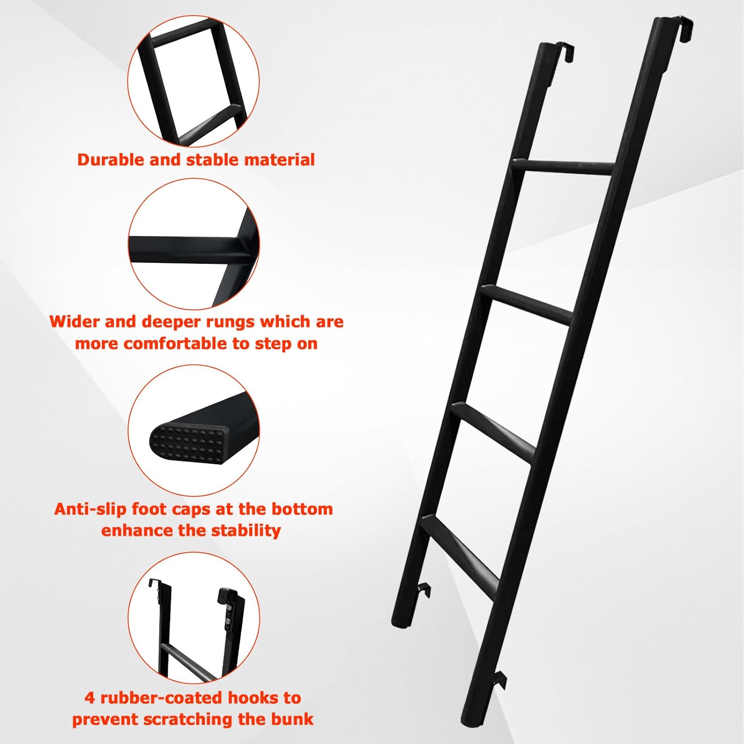 60" RV Bunk Bed Ladder, Adjustable Travel Trailer Bed Step with 4 Hooks & Foot Caps, Heavy Duty Metal Interior Dorm Loft Camper Ladder