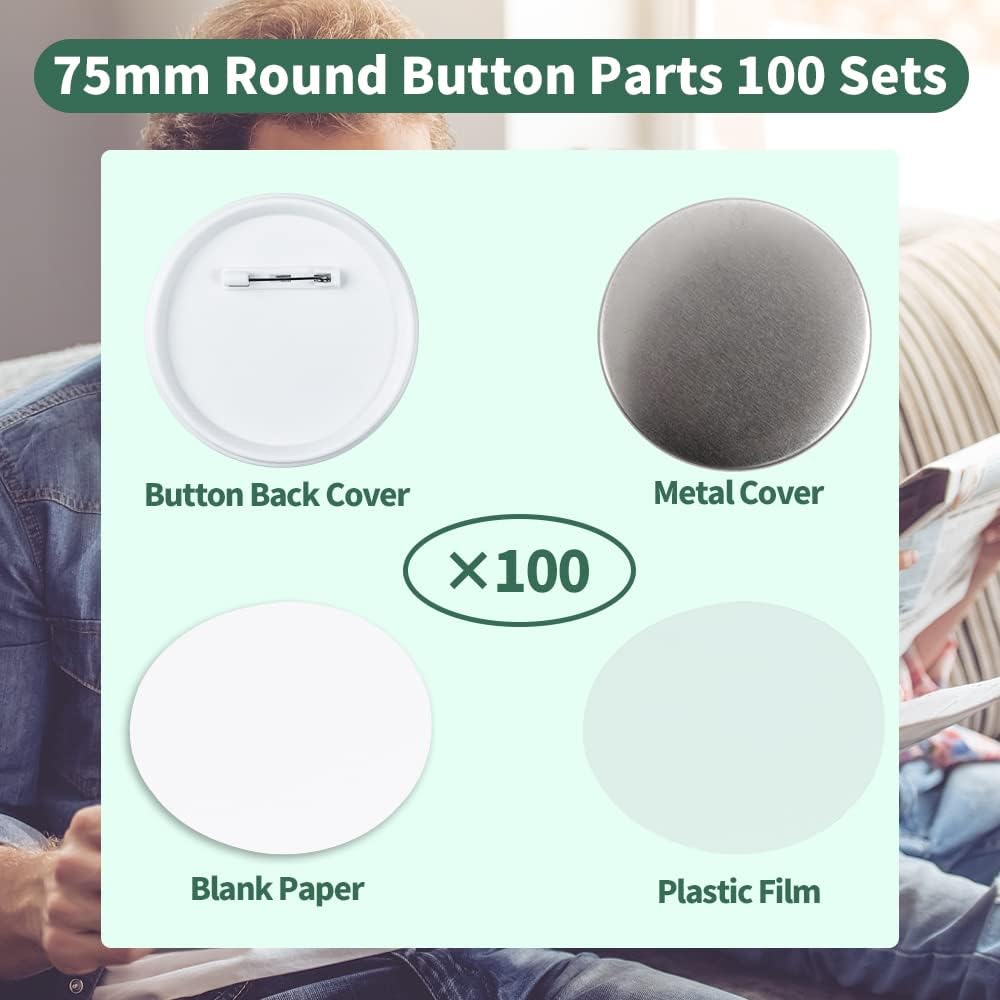 100 Sets 75mm/3 inch Button Supplies Button Parts for Buttons Maker Machine 75mm, Round Badge Blank Buttons Pins, Includes Plastic Pin Back Cover, Metal Cover, Clear Film&Blank Paper