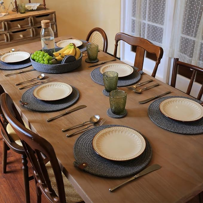 Image of Cotton Rope Placemat Set with Coasters and Holder 6 Pieces Round Woven Table | Mats Natural Beige Heat Resistant | Dining Table Decor | Durable Washable Kitchen Accessories (Gry Mix White)