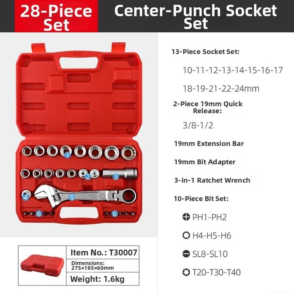 Set di chiavi a bussola a cricchetto da 28 pezzi, 10-24 mm, in acciaio al cromo vanadio, design 3 in 1 con PH SL per punte TORX per riparazioni in spazi ristretti