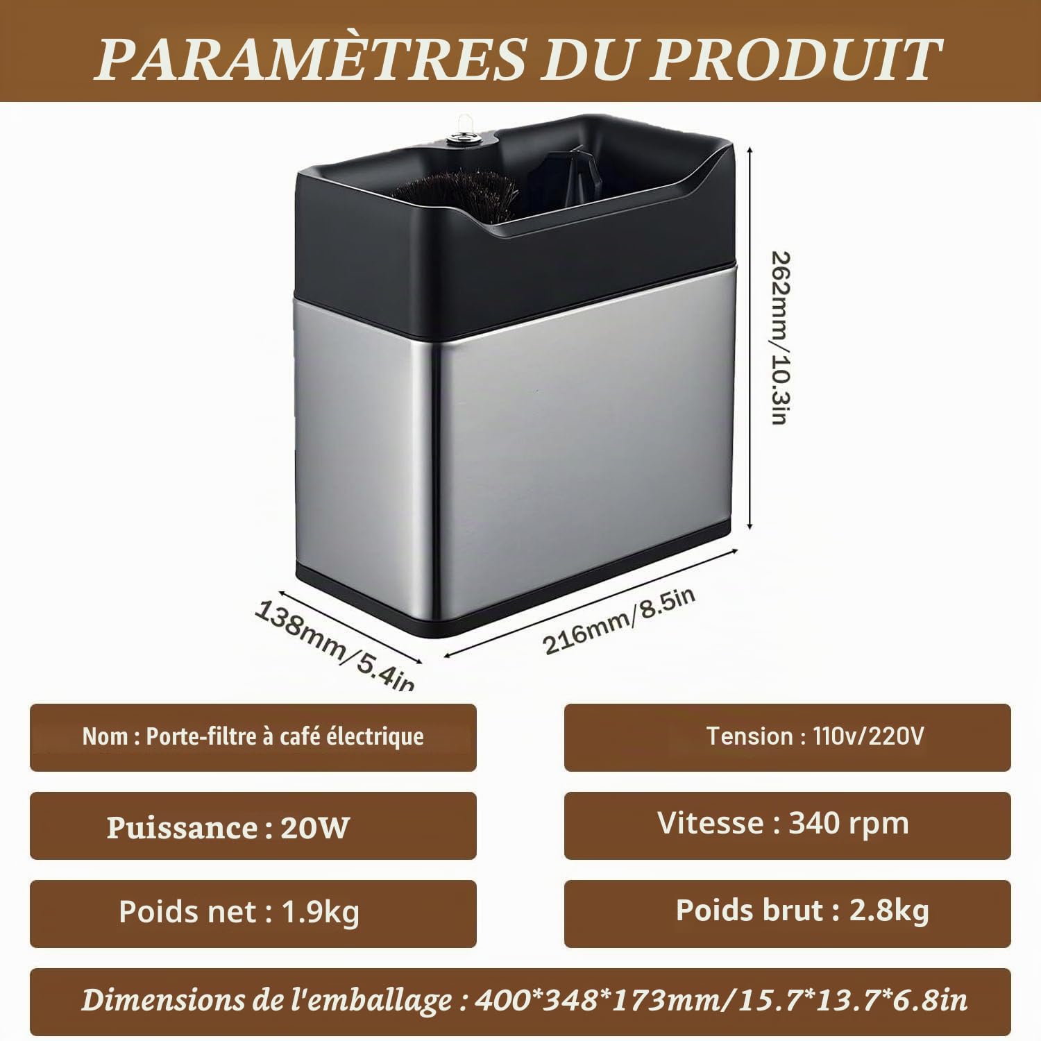 Nettoyeur de Porte-Filtre à café électrique, Nettoyeur de poignée de Marc de café, têtes de Brosse Doubles, Rotation 300/min, pour cafés domestiques ou commerciaux Silver