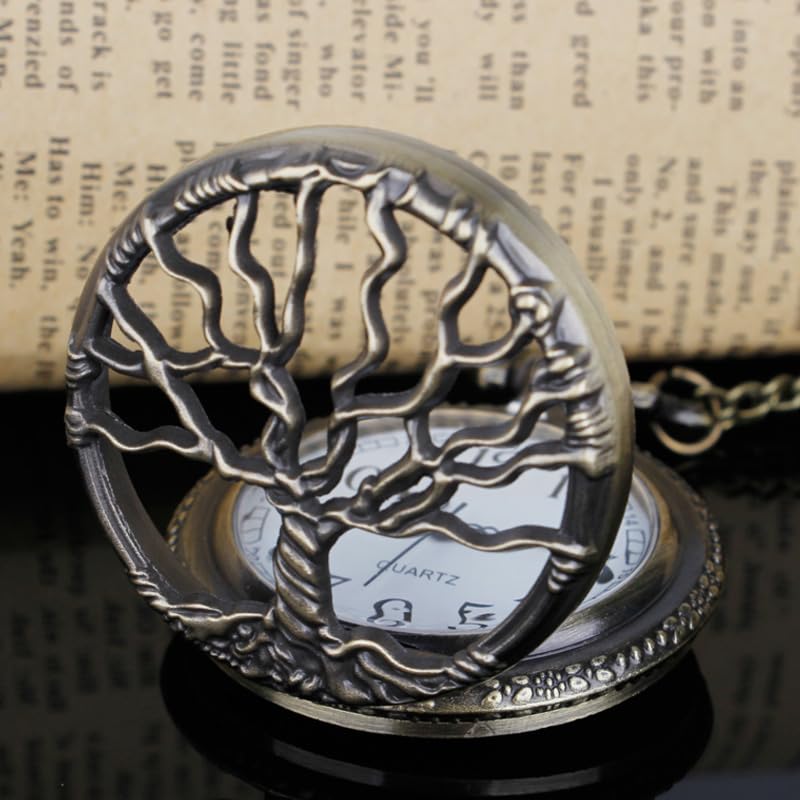 Image of Tiong Pocket Watch Hollow Tree of Life Design Roman Numerals Engraved Bible Verse Quartz Pocket Watch with Chain Custom Pocket Watch Birthday Gifts