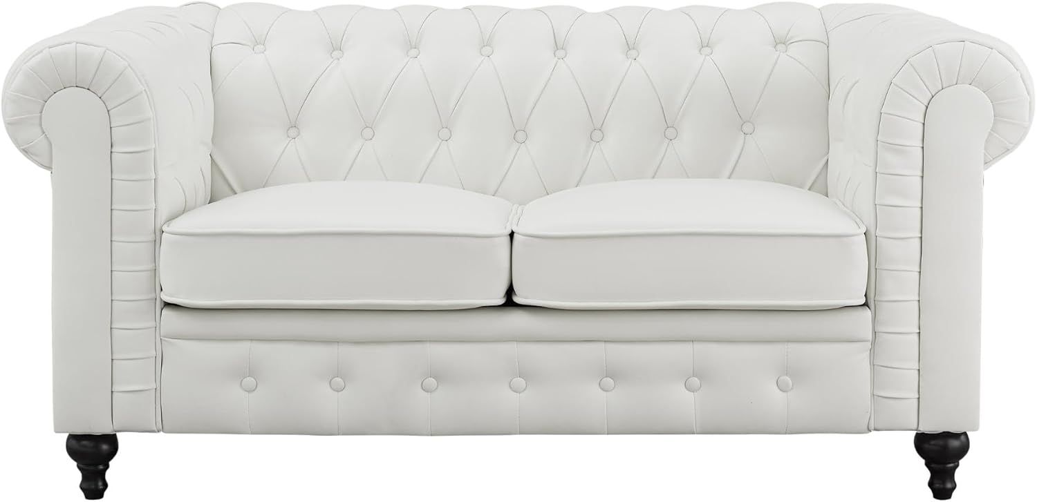 Naomi Home Emery Chesterfield Leather Loveseat Mini Sofa Sleeper Loveseat Small Sofa Bed with Rolled Arms Tufted Cushions 2 Seater Sectional Small Loveseat for Spaces Living Room White