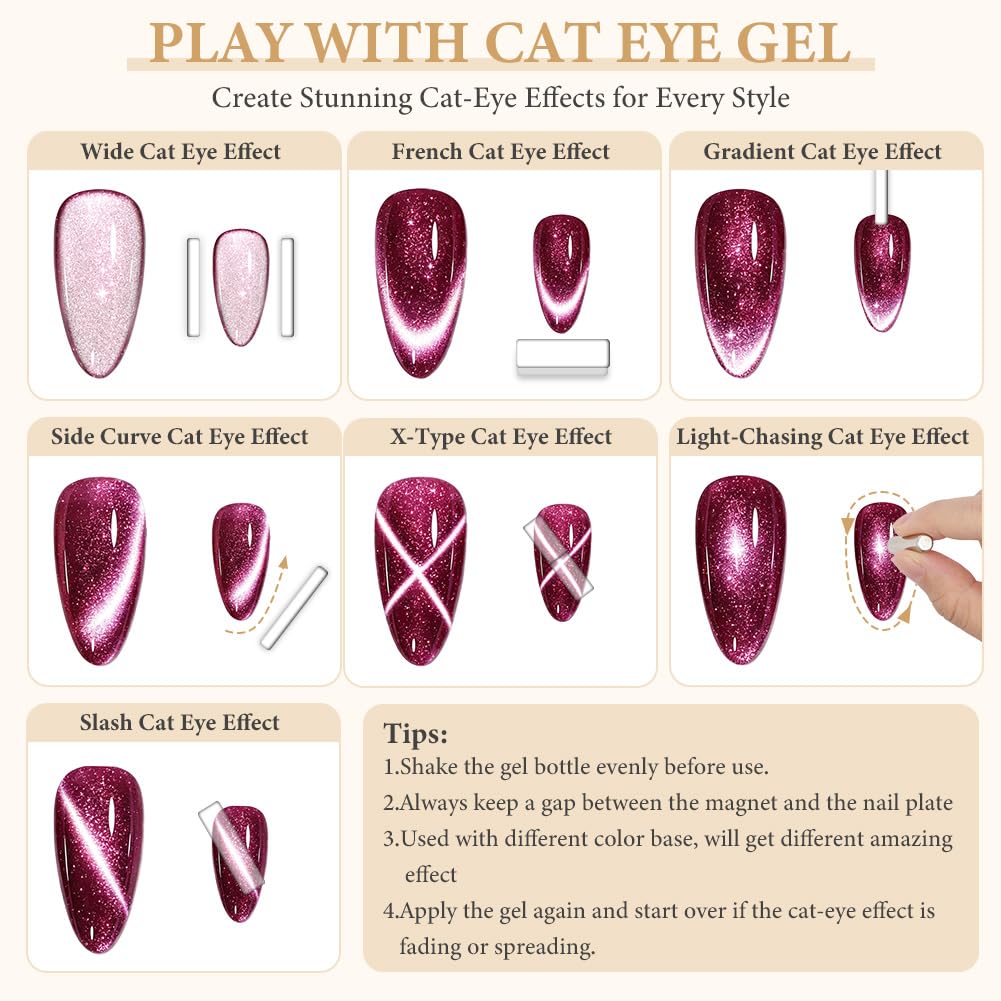 UV lakier do paznokci magnetyczny, żelowy lakier do paznokci Cat Eye kocie oko, klasyczny Cat Eye, Soak-Off UV lakier do paznokci do zdobienia paznokci, francuski manicure salon, z magnesem, 8