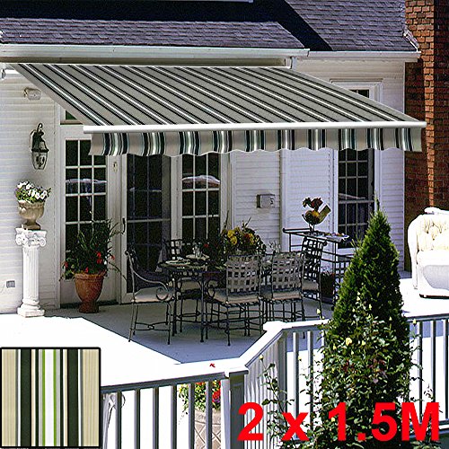Greenbay Multi-Stripe DIY Manual Patio Awning, Retractable Gazebo Outdoor Canopy, Garden Sun Shade - 2m x 1.5m