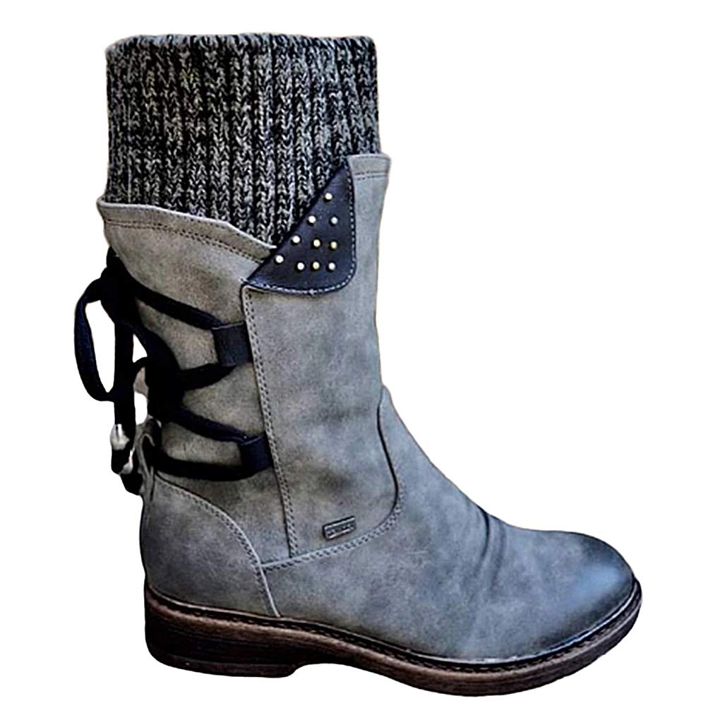 Toride Damen Biker Stiefel Mittlere Wade Niedriger Blockabsatz Seitlicher Reißverschluss Kurzer Plüsch Slip On Herbst Winter Warm Kreuz Gebunden Runde Kappe Schneeschuhe