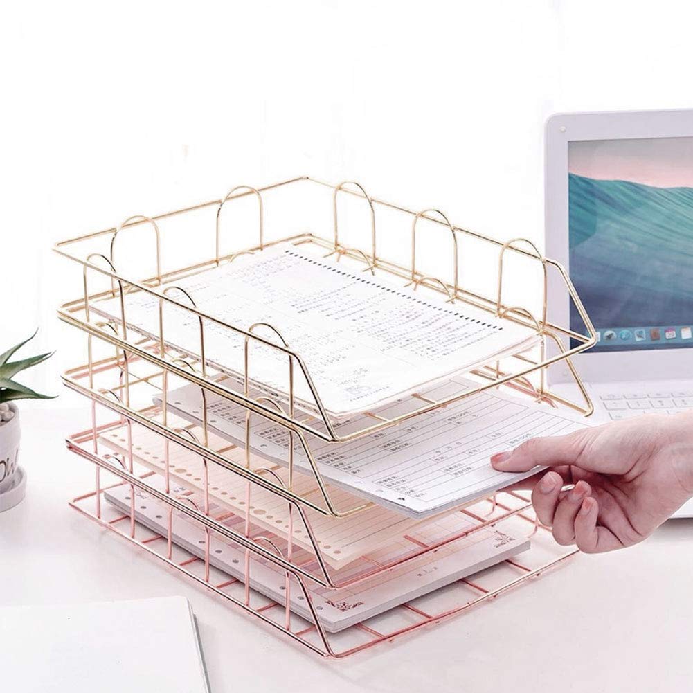 NANANA 4 Tier Stapelbare Ablagefachhalter, Stapelbare Briefablage Schreibtisch Ordentlich Datei Dokument Brief Papier Organizer Metall Ablage Home Office Verwenden(1 Set/4 Stück),Rose Gold