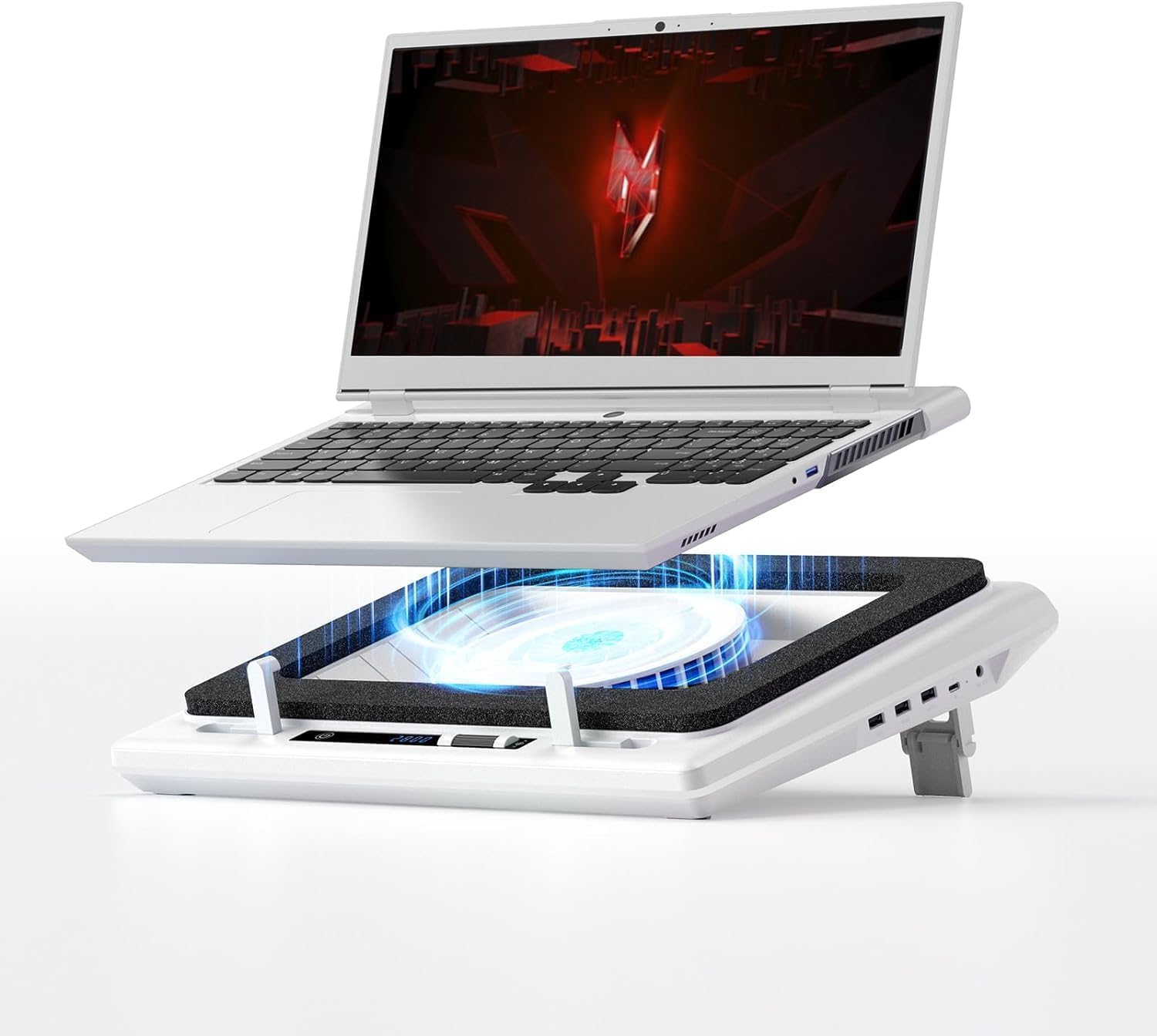 llano Laptop Cooling Pad with Powerful Turbofan(5.5inch Diameter), Fast Cooling Gaming Notebook Computer 15.6-21in, Adjustable Speed, Touch Control, LCD Screen, 3-Port USB A (White V13 Without RGB)