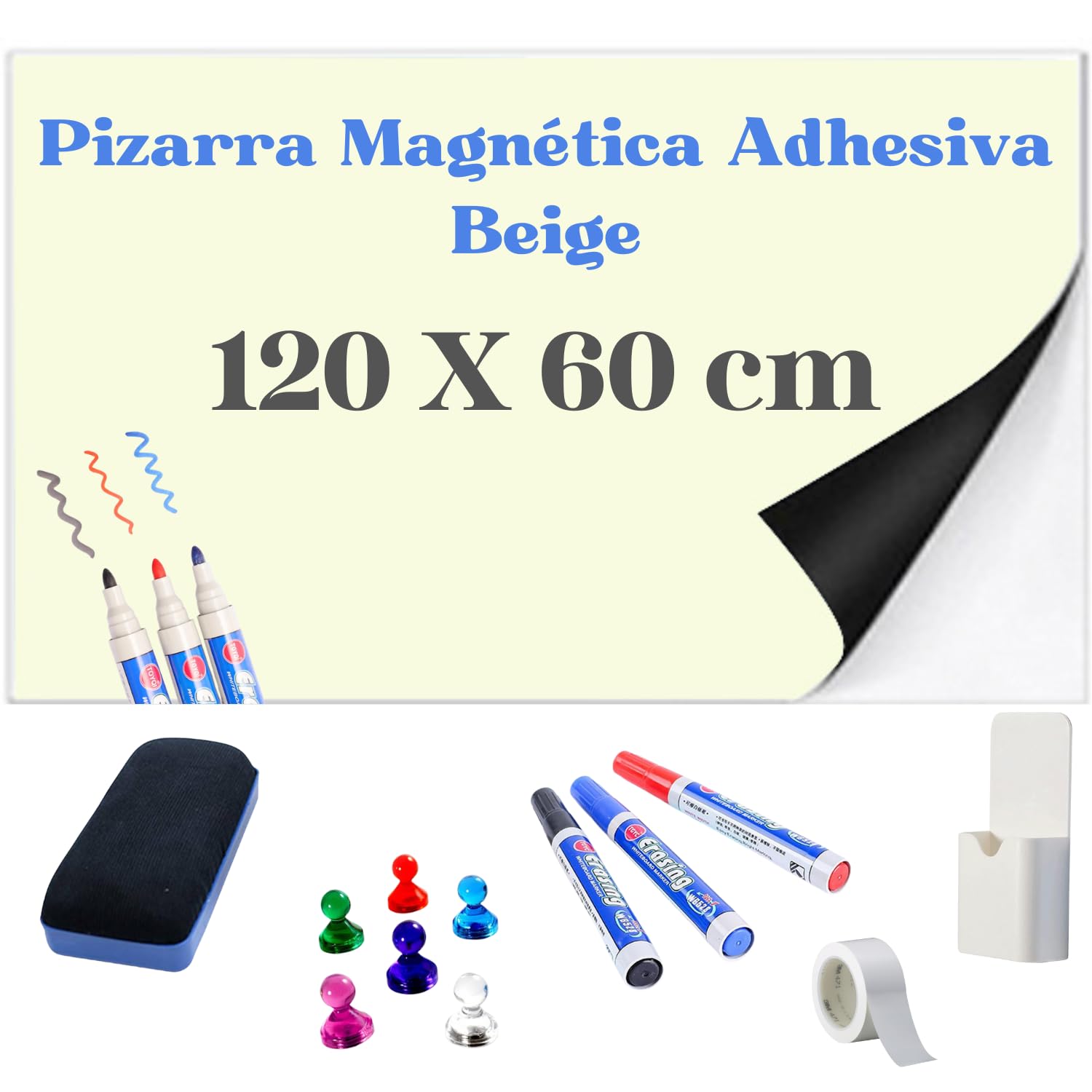 Pizarra magnetica pared – Rollo pizarra adhesiva de diseño moderno y funcional – Pizarra grande fácil de instalar para cocina, estudio u oficina doméstica (120 X 60 BEIGE)