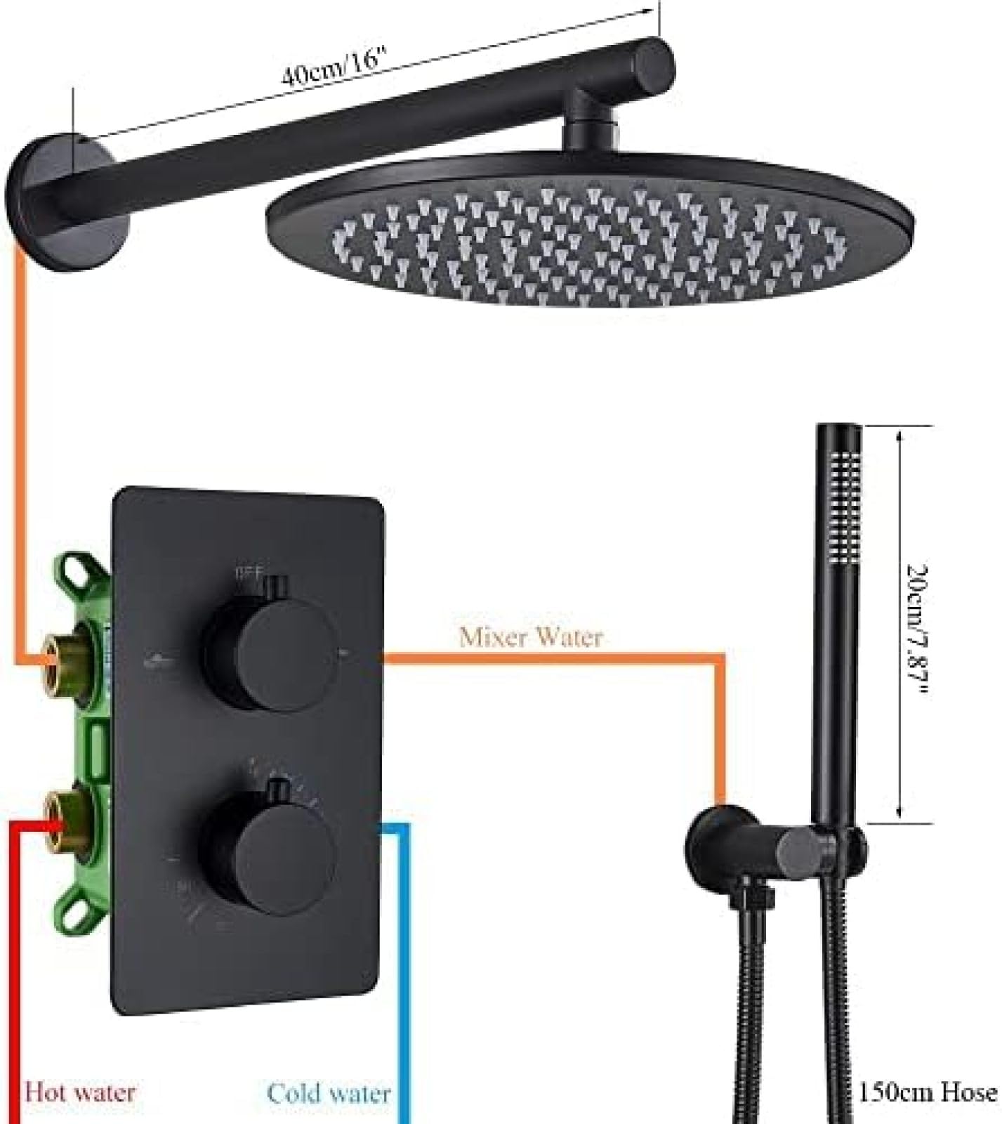 Zestawy prysznicowe, zestaw termostatyczny bateria łazienkowa naścienna mikser ręczny zestawy natryskowe z głowicą deszczową czarny, 25 cm, 25 cm (jeden kolor 20 cm)