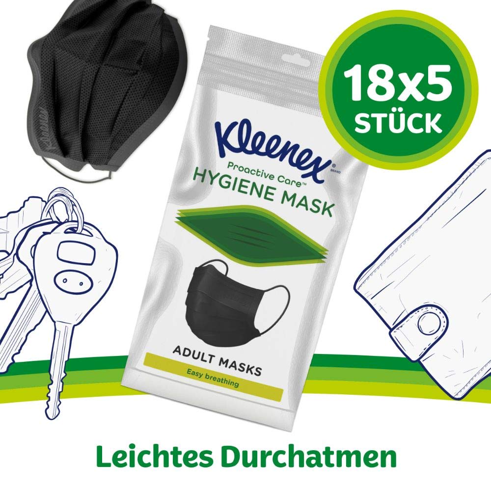 Kleenex Mundschutz-Maske für Erwachsene und Jugendliche, 3-lagig, schwarz, 90 Stücke