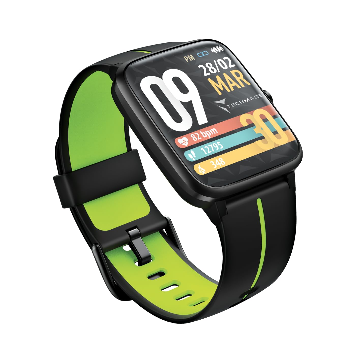TECHMADE MOVE Smartwatch Unisex con Contapassi, Frequenza Cardiaca, Sonno, Sport CON GPS INTEGRATO, per attività in door e out door | Android e iOS (cinturino nero con riga verde)