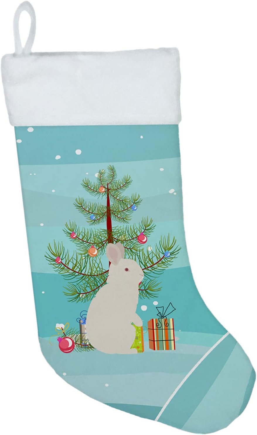 Caroline's Treasures BB9332CS New Zealand White Rabbit Christmas Christmas Stocking, Teal Fireplace Hanging Stockings Christmas Season Party Decor Family Holiday Decorations