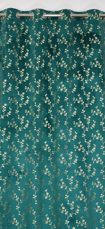 Image of Heavy Velvet Fabric Luxury Looks Room Darkening Floral Designer Curtains 8 Feet for Door, Aqua, Pack of 2 Pieces