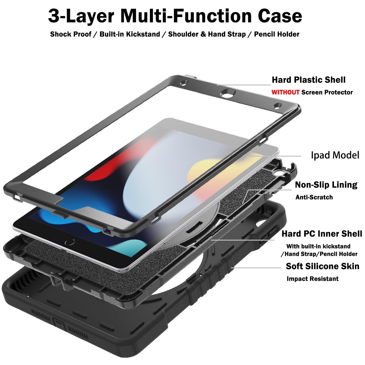 Custodia protettiva per tablet PC compatibile con iPad 10.2 (2021/2020/2019 Custodia antiurto a tre strati, custodia protettiva in PC+silicone, supporto girevole a 360 gradi, cinturino da polso e