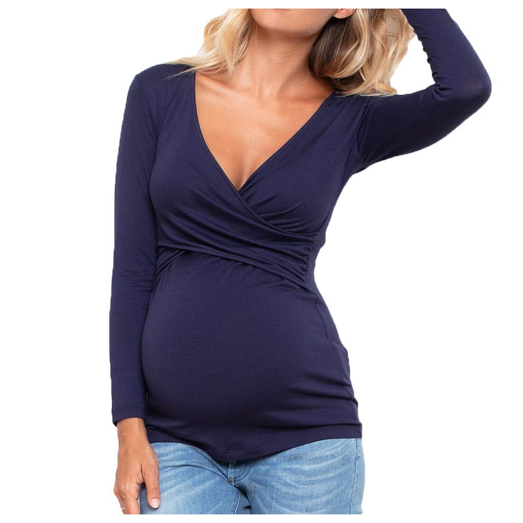 Damen Umstandsshirt Langarm Stillshirt Elegant Umstandstops Schwangerschafts Oberteil Bequem Schwanger T-Shirt Umstandsmode Langärmliges Stilltop Mit V-Ausschnitt Und Plissee