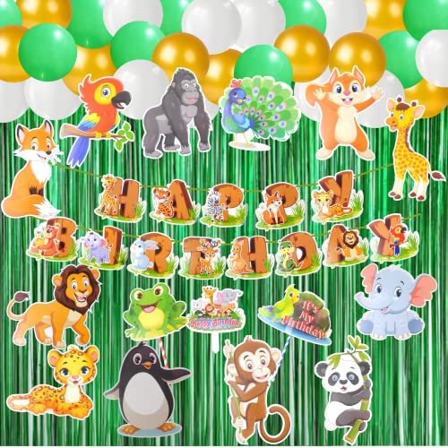 Image of Party Decorz Animal /Jungle /Safari Theme Birthday Decoration Set Of 47 pcs(1pcs Happy Birthday Banner +12pcs Paper Cutout +2pcs Props +1pcs Cake Topper +1pcs Curtain +30pcs Balloons)