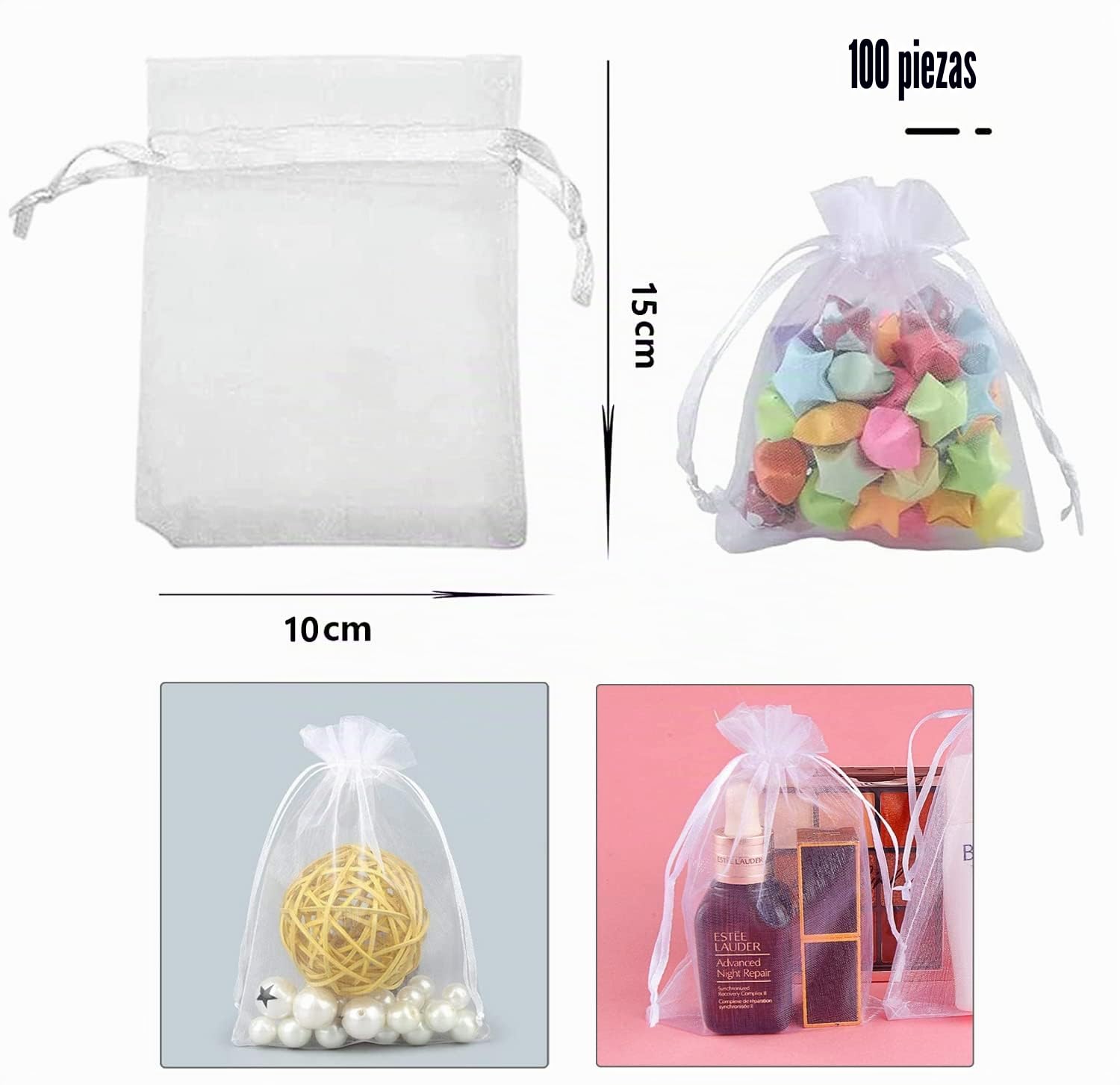 Intckwan 100 bolsas de organza blancas de 10 x 15 cm, bolsas de organza para regalo, joyas para bodas, fiestas, festivales, fiestas y bodas, cordón de satén