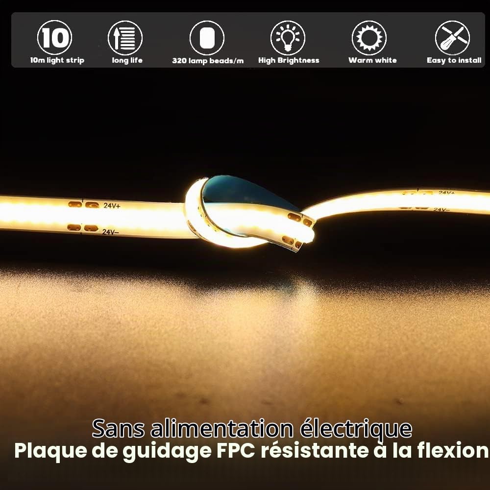 Arote Ruban LED COB 10m Blanc Chaud 3000K 24V, Bande LED Avec un gradateur et une alimentation électrique Flexible Haute Densité 320LEDs/m Dimmable IP20 pour TV Rétro-éclairage Chambre Cuisine