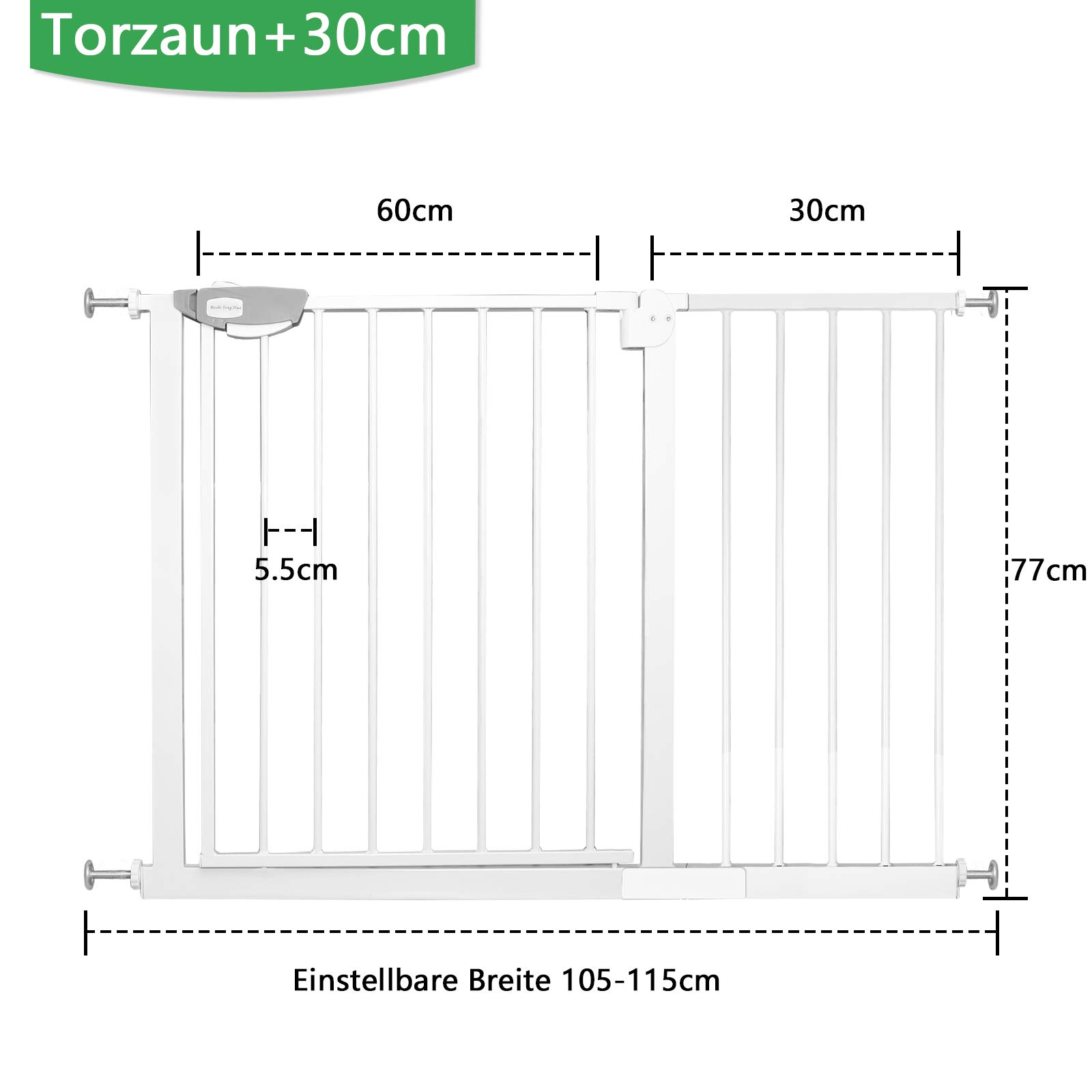 XMTECH Rejilla de protección para puerta sin taladrar, rejilla para escaleras para niños, 105 – 115 cm, cierre automático, puerta de bebé, con fijación a presión, apertura de 180°, blanco