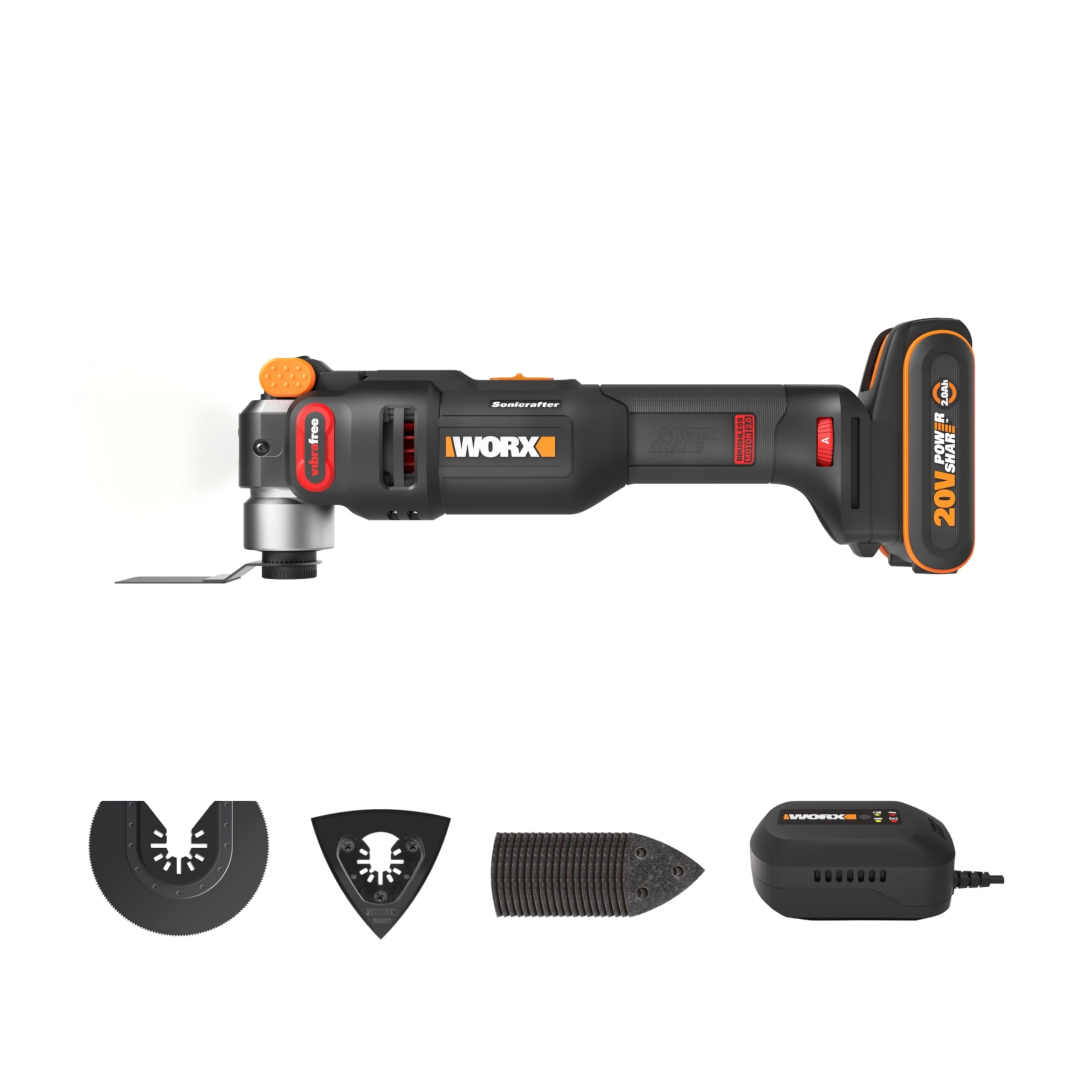 WORX - Herramienta multifunción inalámbrica sin escobillas de 20 V, WX698, multimaterial, fijación universal, viene con 2 cuchillas, 1 almohadilla de lijado, 20 papeles abrafis, 1 batería de 2 Ah y