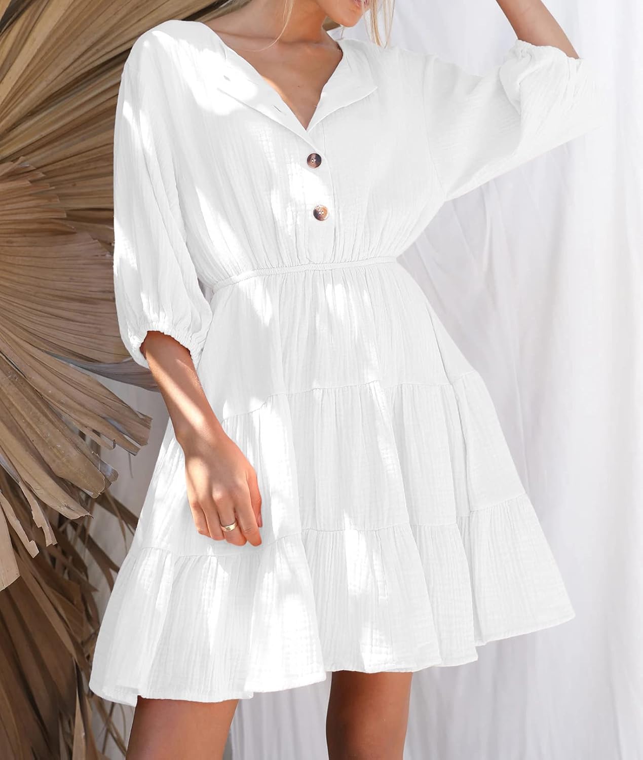 R.Vivimos Women's Summer Linen Puff Sleeves Casual Button Up A-Line Casual Skater Mini Dresses - Image 4